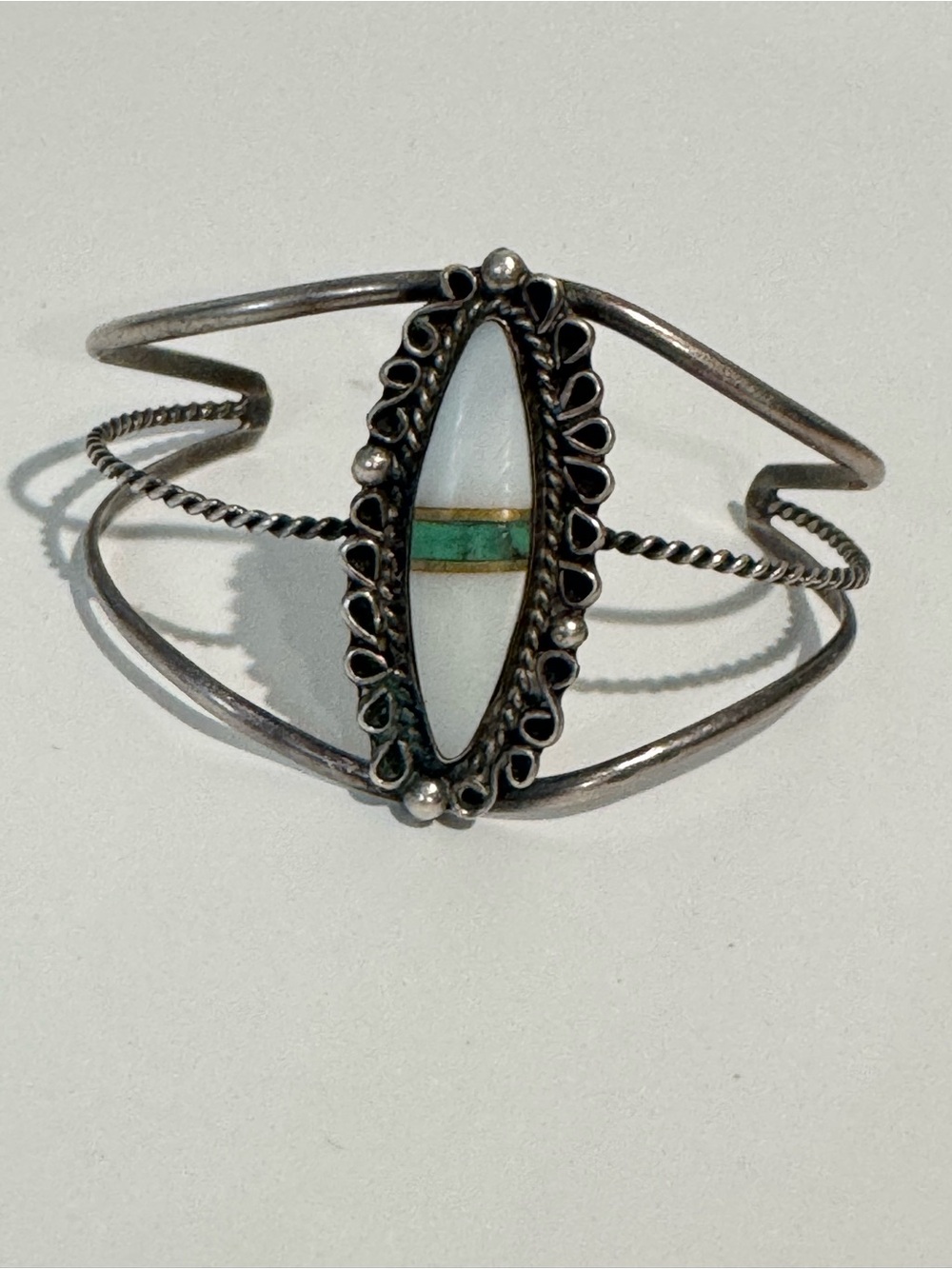 Vintage native signed Nila Cook Johnson Sterling Turquoise & MOP Cuff Bracelet